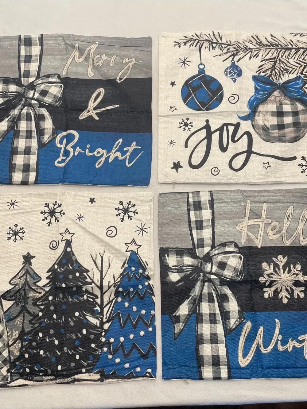 4 Holiday Throw Pillow Covers - Blue, Black & White, burlap feel, NWOT